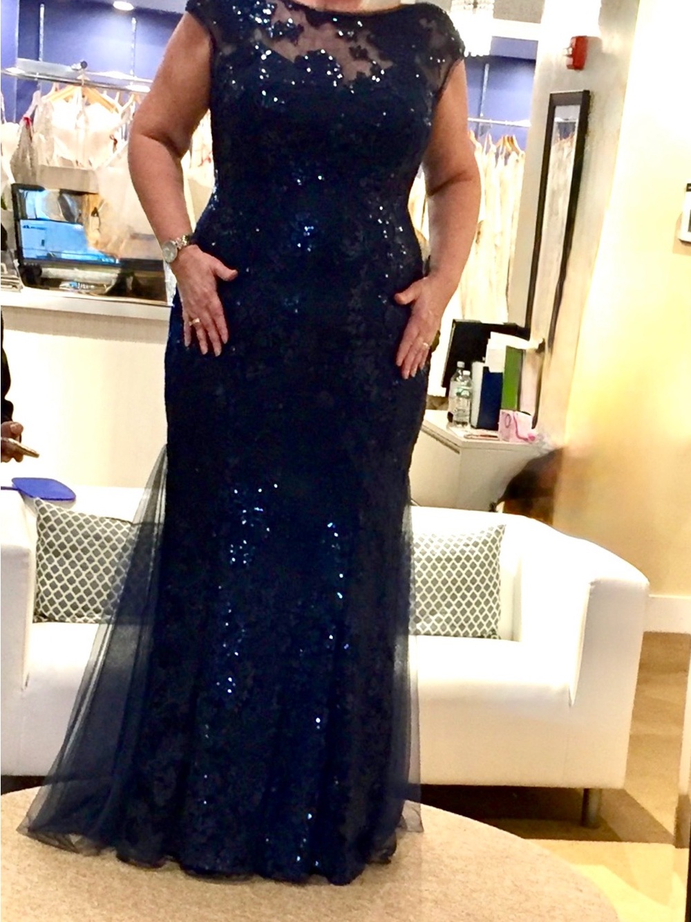 Elegant Navy Lace & Sequin Gown with Illusion look Yoke, Jade Couture by Jasmine